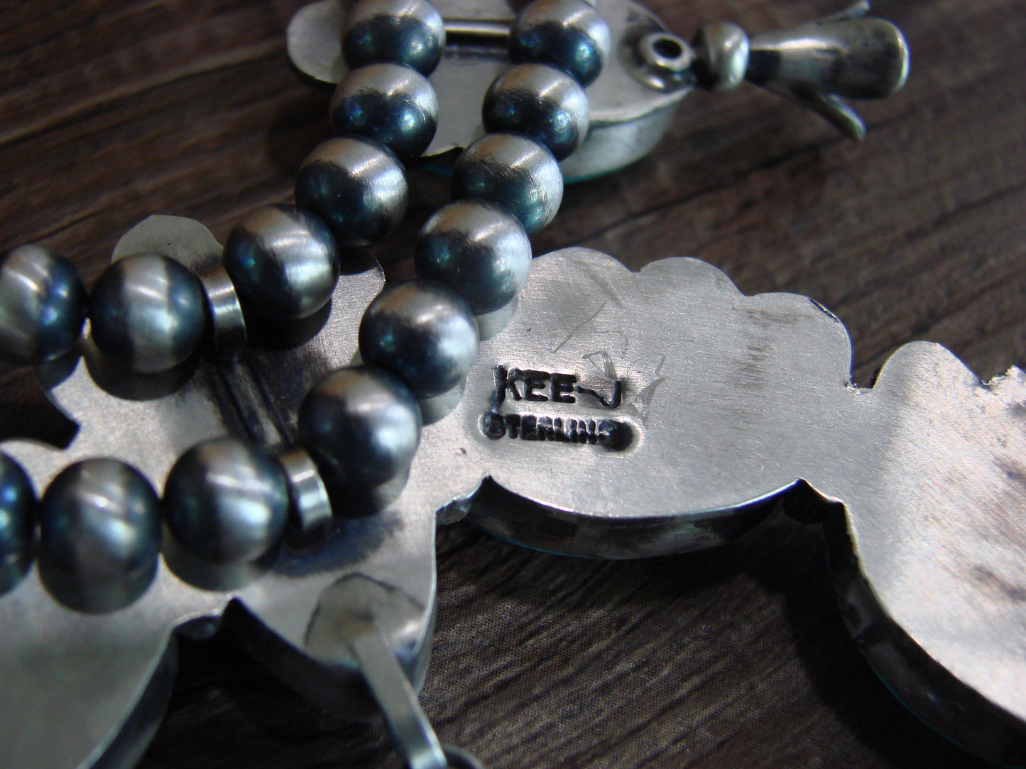 Navajo Sterling Silver & Turquoise 26" Squash Blossom Set Signed Kee J