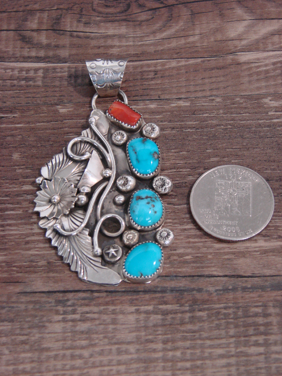 Native American Sterling Silver Turquoise & Coral Floral Pendant - Saunders