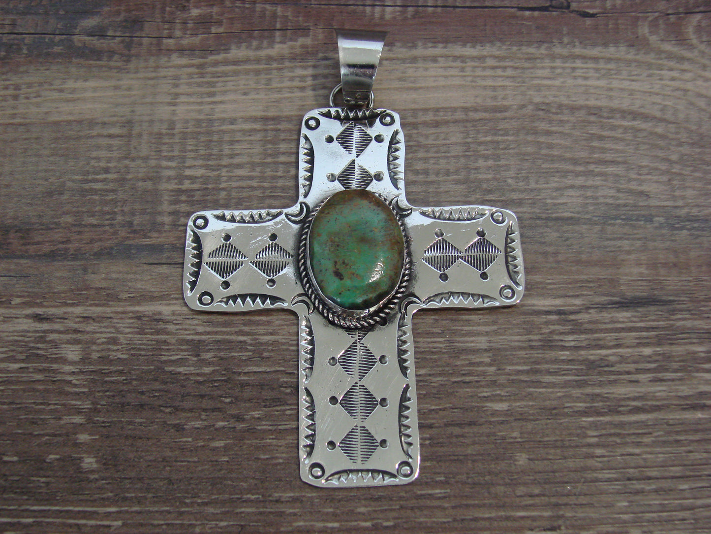 Large Native American Nickel Silver & Turquoise Cross Pendant - Cleveland