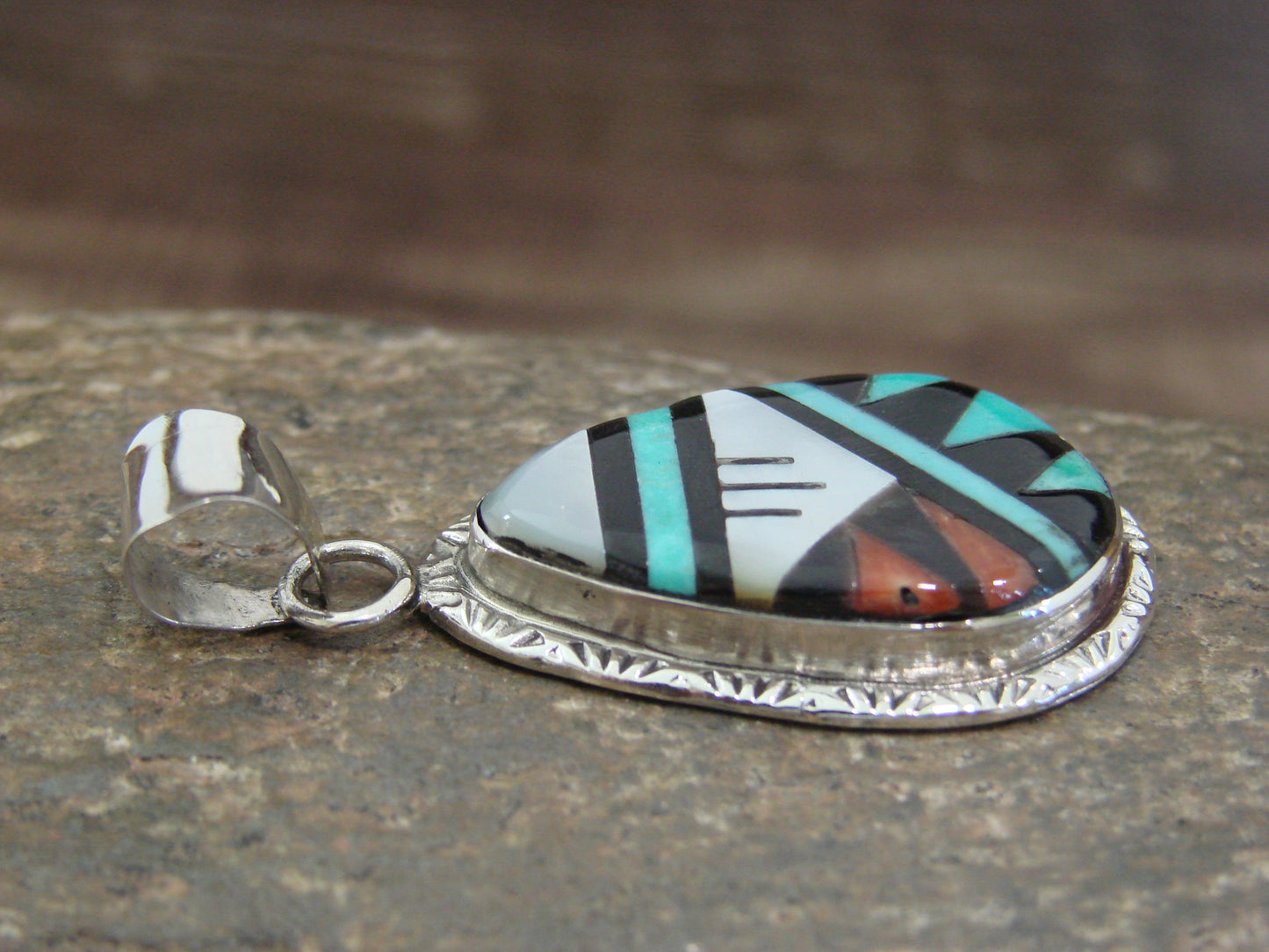 Native American Sterling Silver & Turquoise Inlay Pendant by Lamy