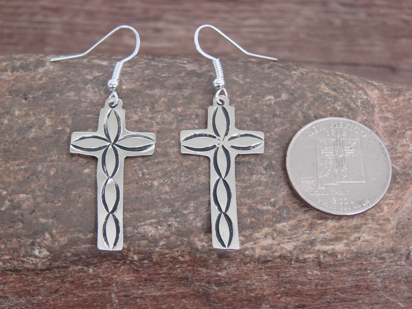 Native American Nickel Silver Cross Dangle Earrings by Cleveland