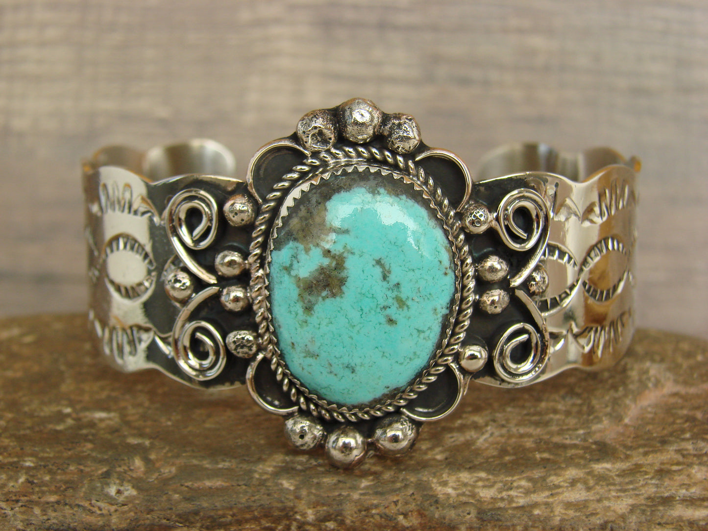 Native American Nickel Silver & Turquoise Bracelet by Cleveland