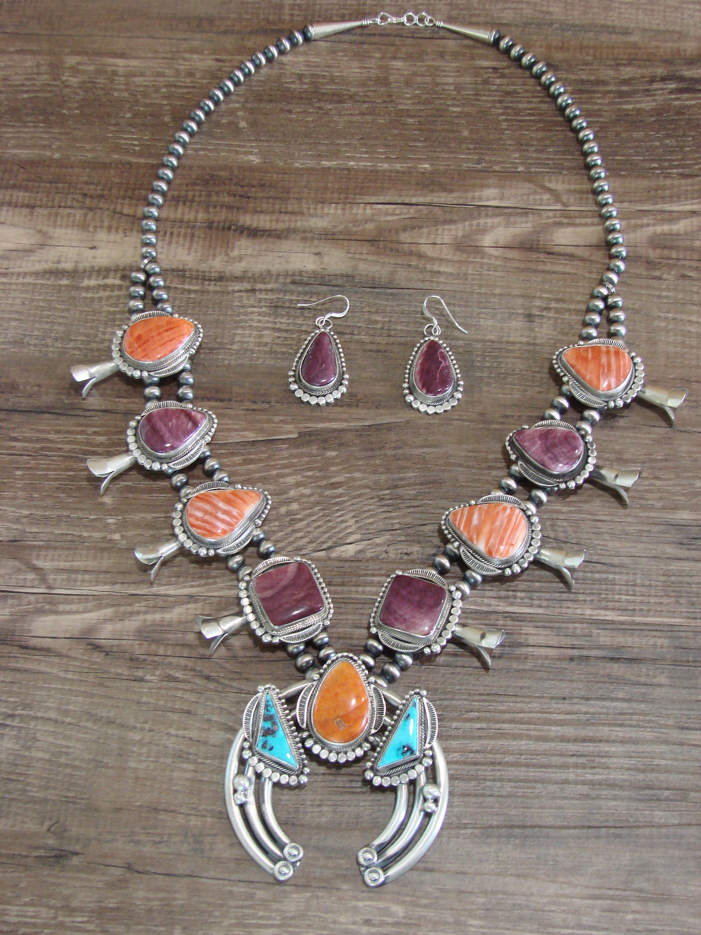 Navajo Sterling Silver Spiny Oyster & Turquoise Squash Blossom Set by Tom Lewis