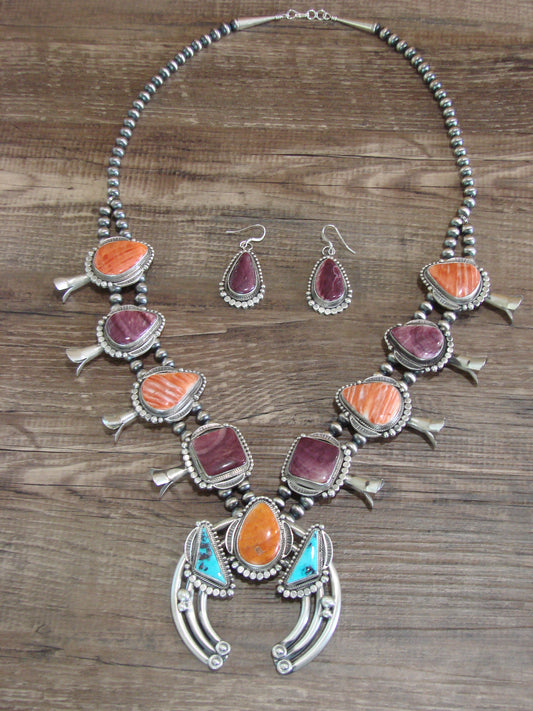 Navajo Sterling Silver Spiny Oyster & Turquoise Squash Blossom Set by Tom Lewis