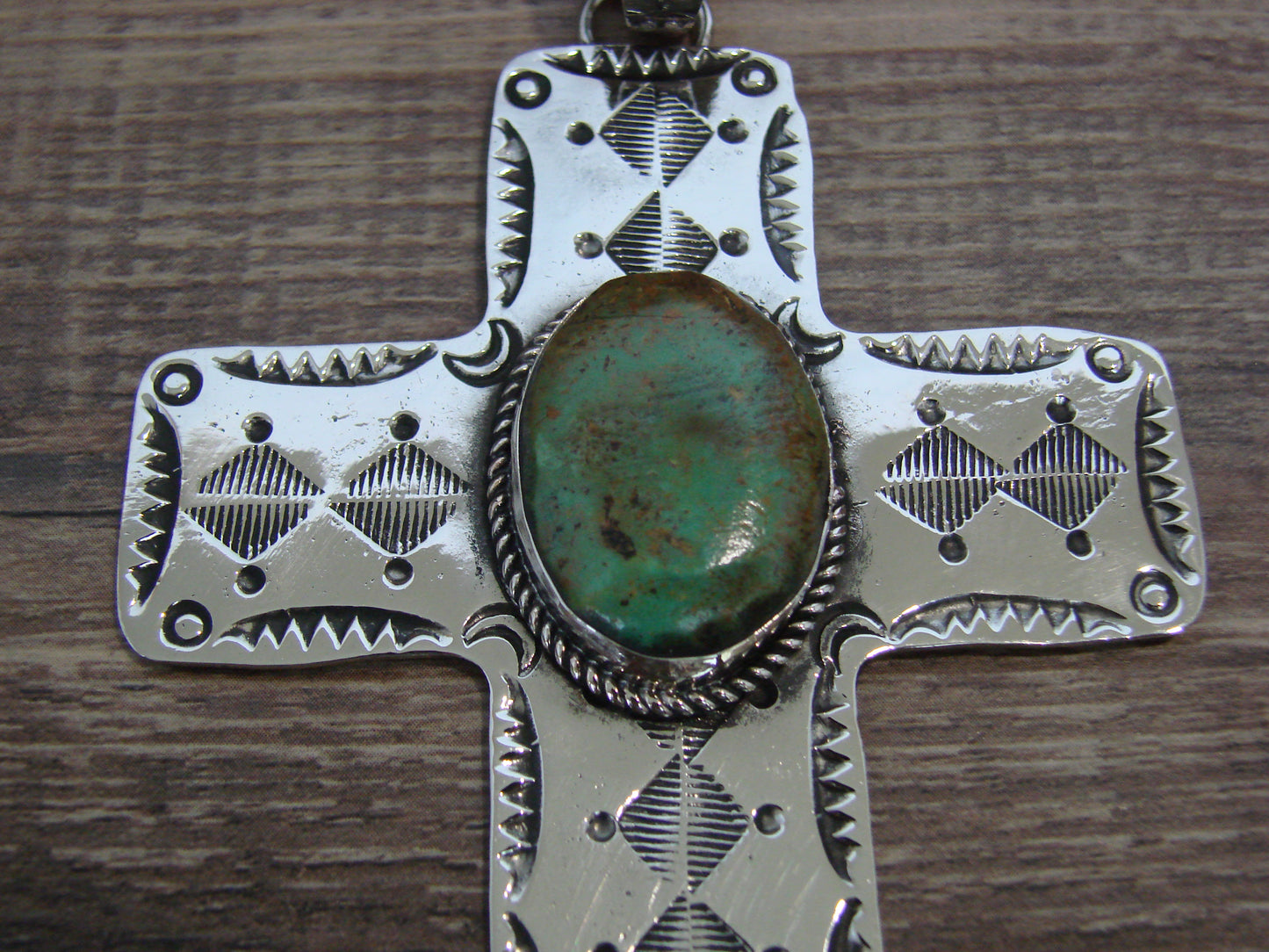 Large Native American Nickel Silver & Turquoise Cross Pendant - Cleveland