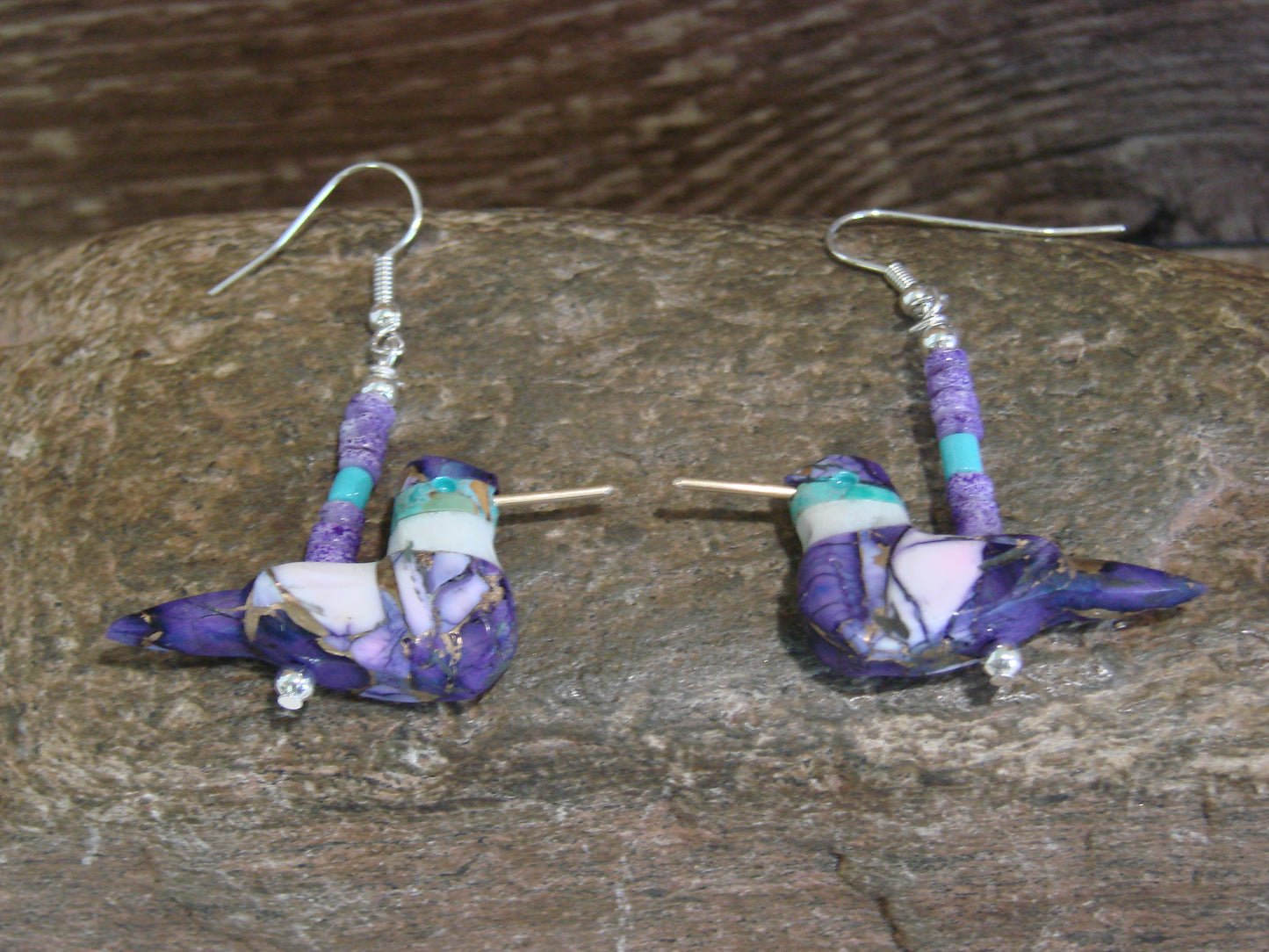 Purple Mohave Turquoise Bronze Aggregate Hummingbird Fetish Earrings - Mitchell