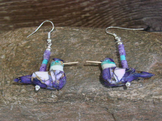 Purple Mohave Turquoise Bronze Aggregate Hummingbird Fetish Earrings - Mitchell