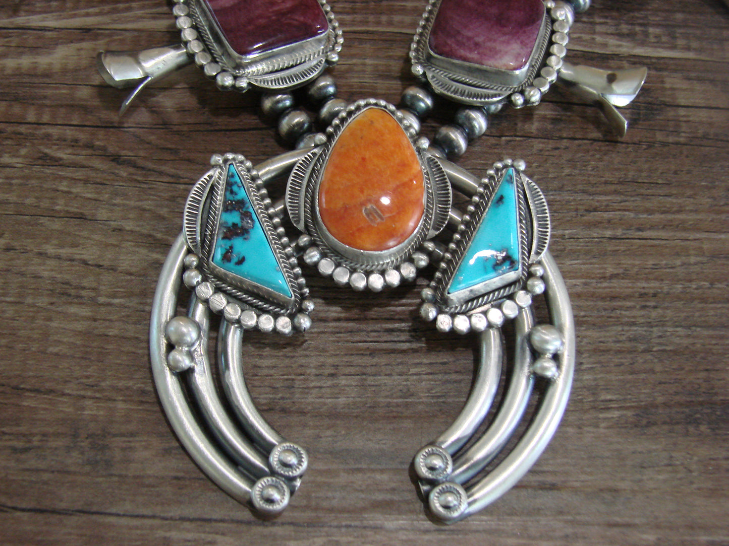 Navajo Sterling Silver Spiny Oyster & Turquoise Squash Blossom Set by Tom Lewis