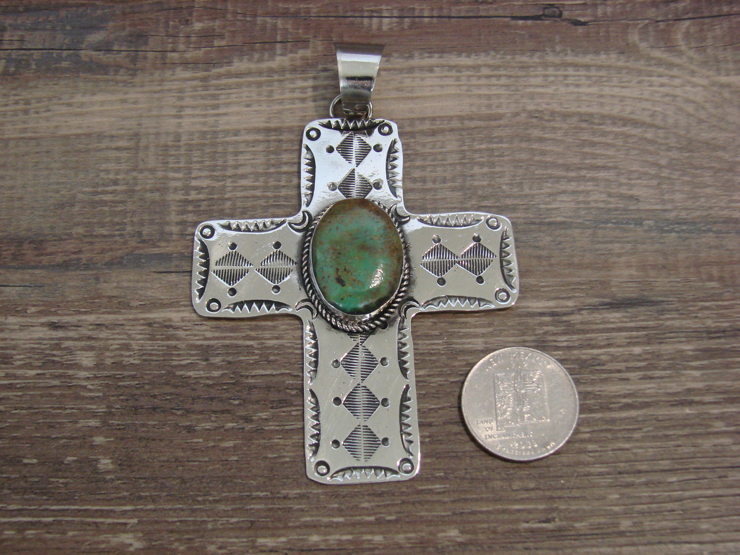Large Native American Nickel Silver & Turquoise Cross Pendant - Cleveland