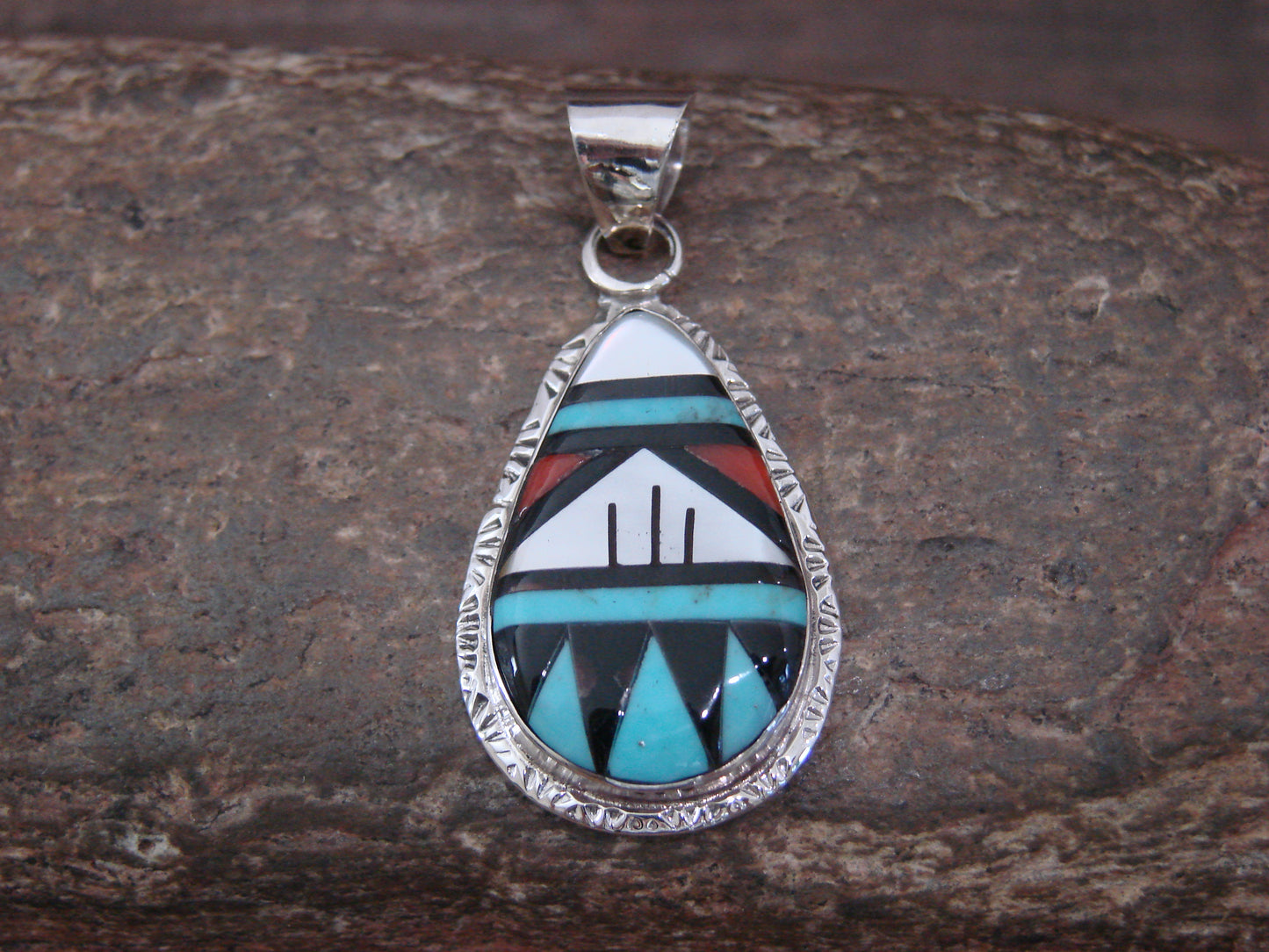 Native American Sterling Silver & Turquoise Inlay Pendant by Lamy