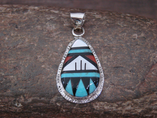 Native American Sterling Silver & Turquoise Inlay Pendant by Lamy