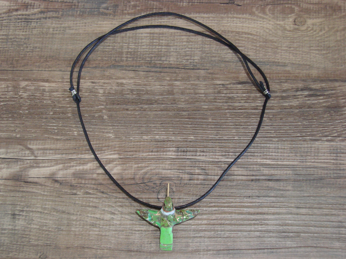 Hand Carved Bronze Gaspeite Aggregate Hummingbird Fetish Necklace - Mitchell