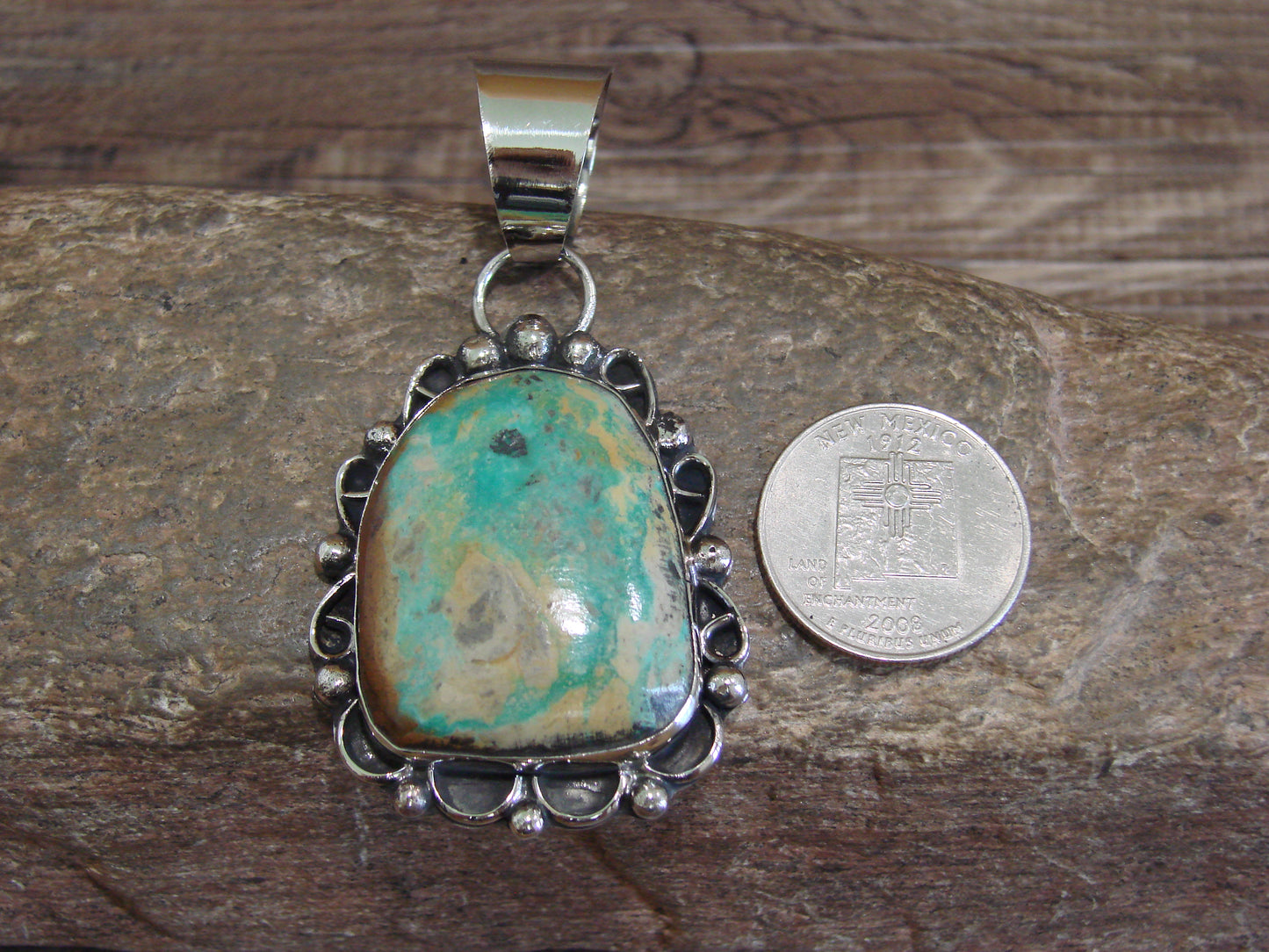 Native American Navajo Nickel Silver & Turquoise Pendant - Cleveland