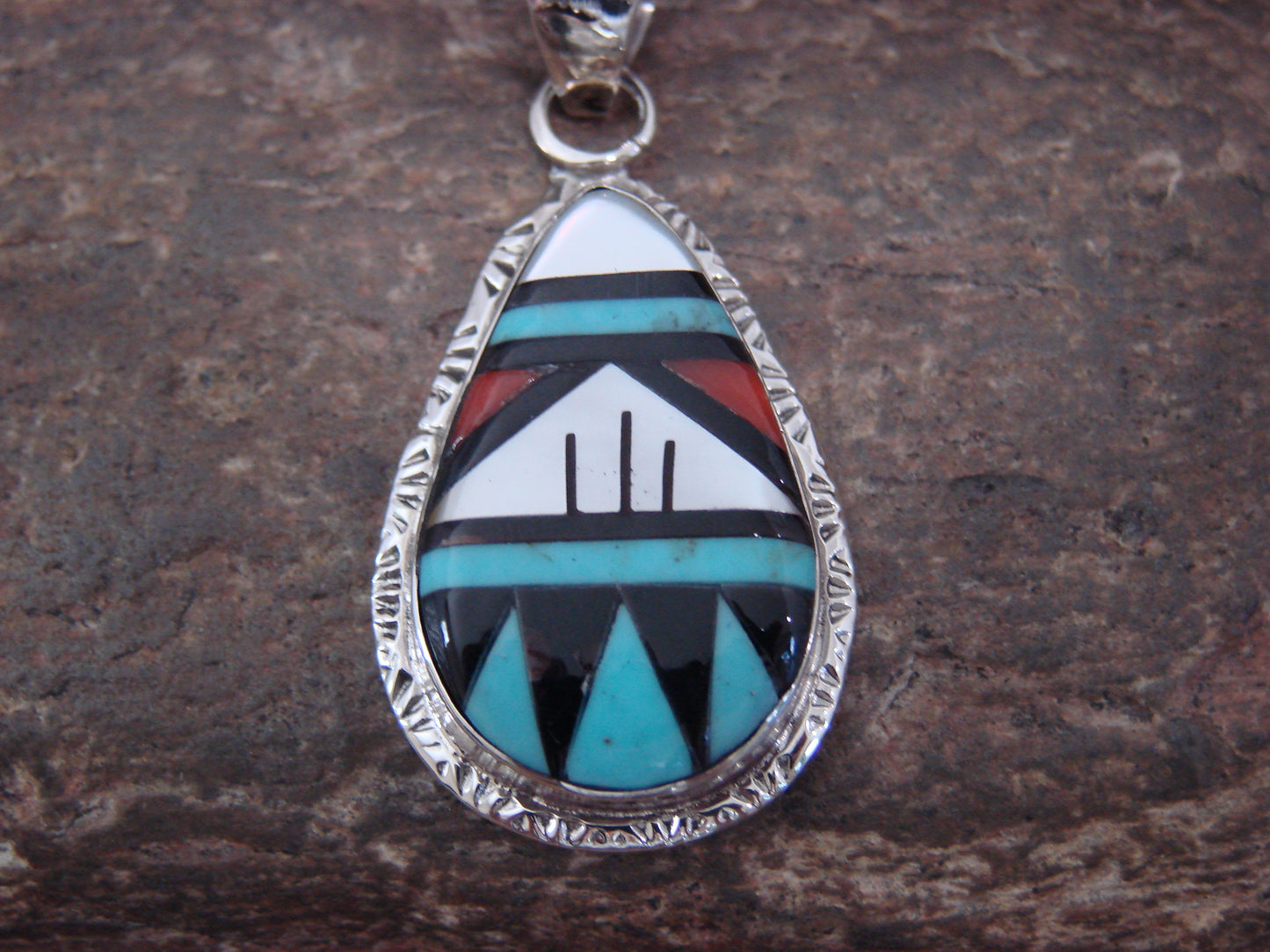 Native American Sterling Silver & Turquoise Inlay Pendant by Lamy