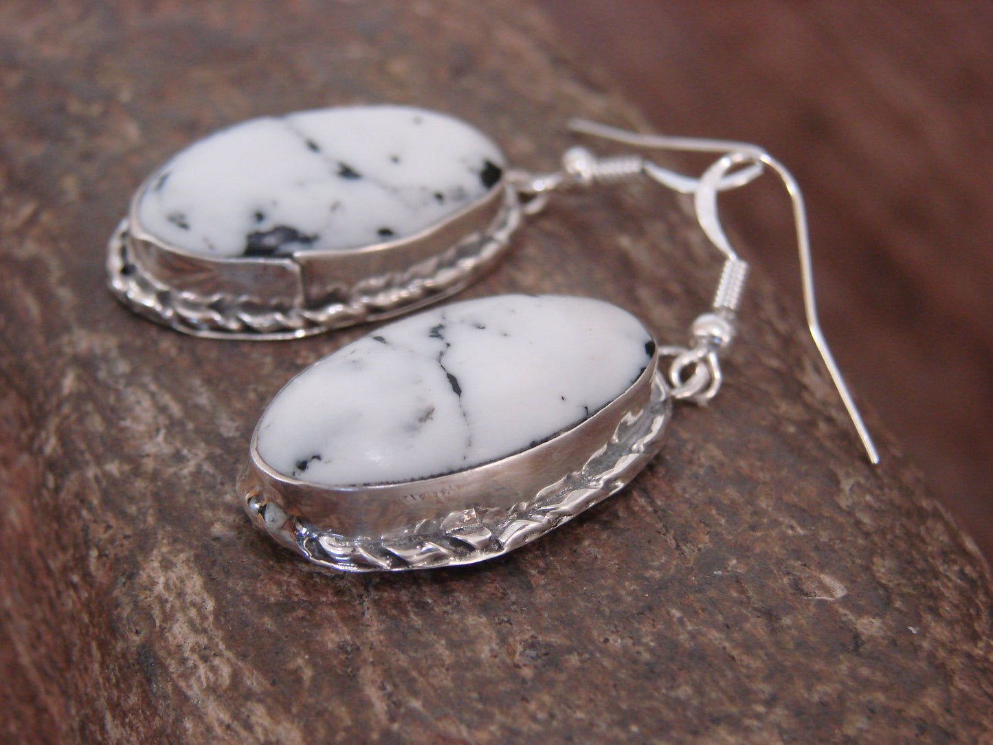 Native American Sterling Silver & White Buffalo Turquoise Dangle Earrings - Mariano