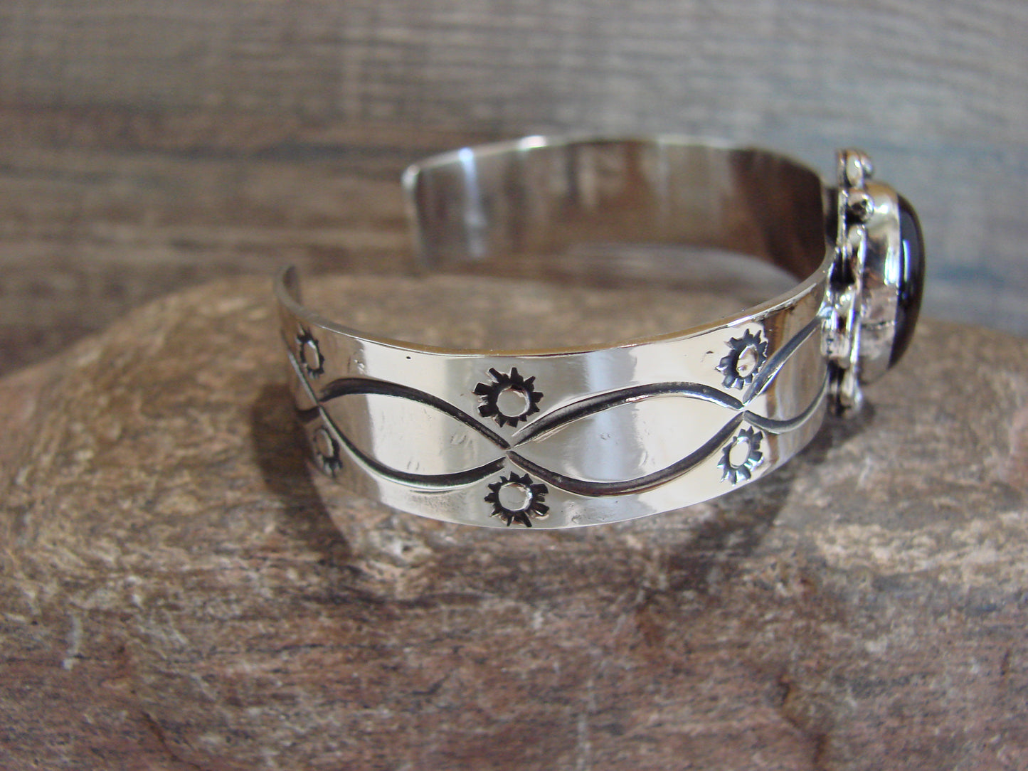 Navajo Indian Nickel Silver & Onyx Bracelet by Cleveland