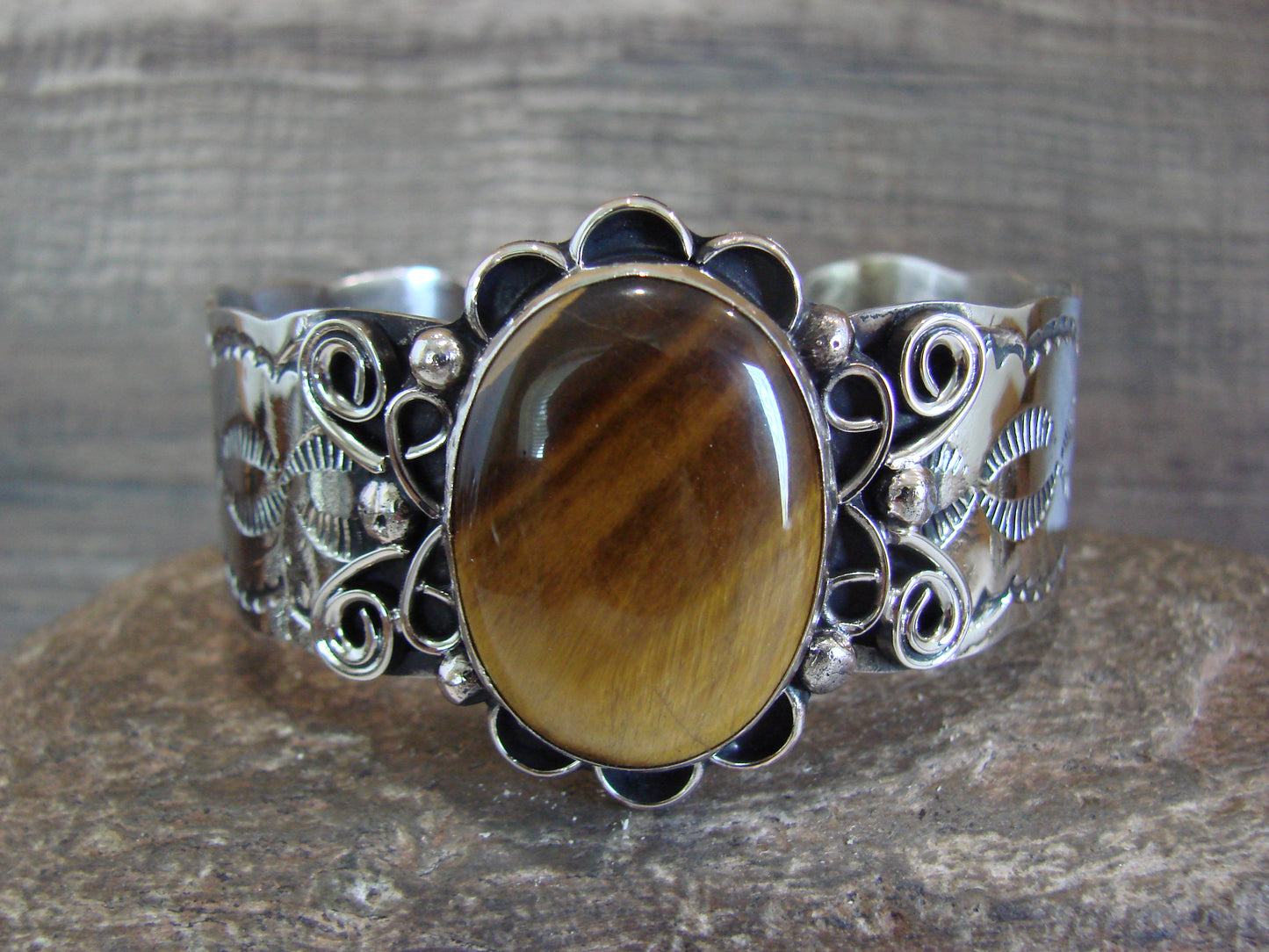 Navajo Indian Nickel Silver & Tiger Eye Bracelet by Cleveland