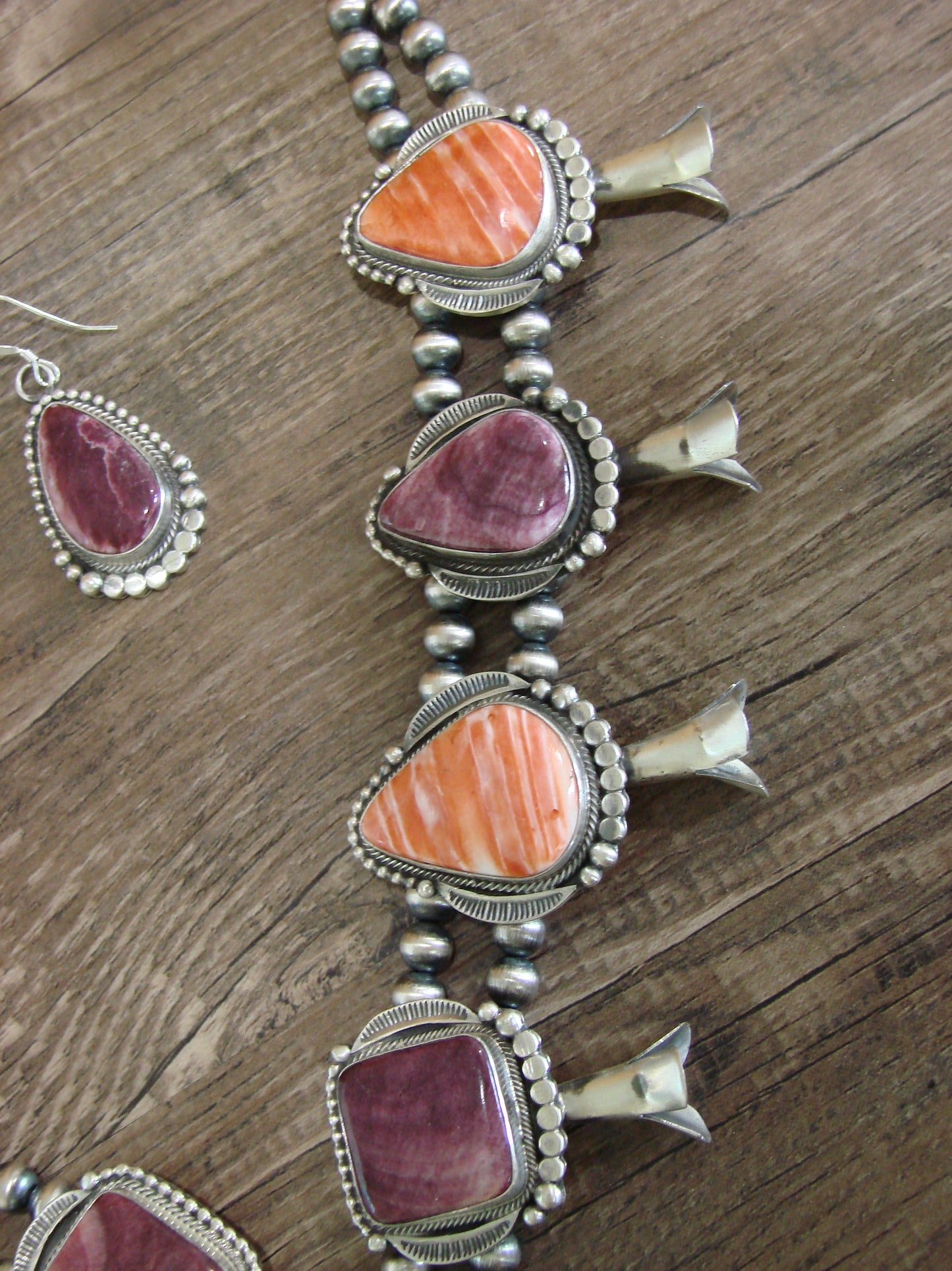 Navajo Sterling Silver Spiny Oyster & Turquoise Squash Blossom Set by Tom Lewis