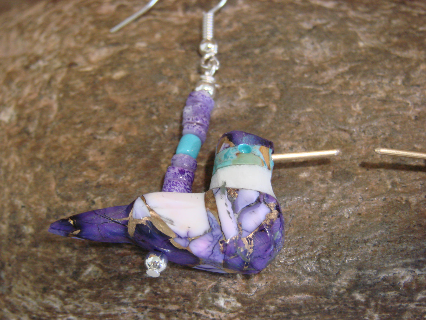 Purple Mohave Turquoise Bronze Aggregate Hummingbird Fetish Earrings - Mitchell
