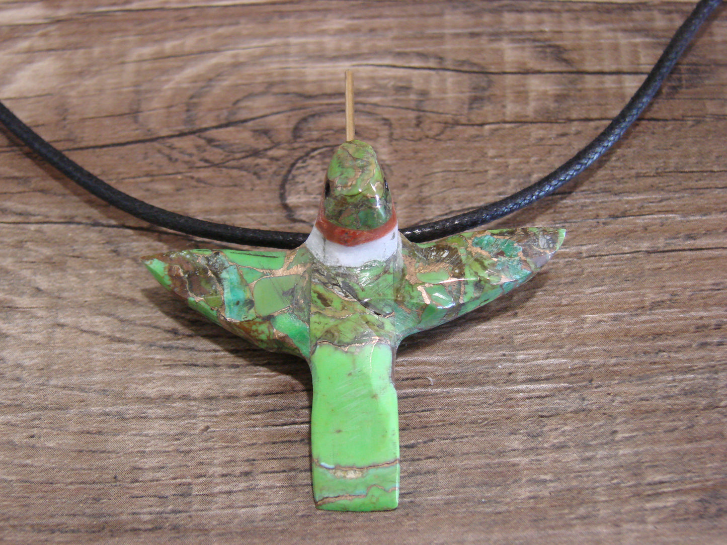 Hand Carved Bronze Gaspeite Aggregate Hummingbird Fetish Necklace - Mitchell