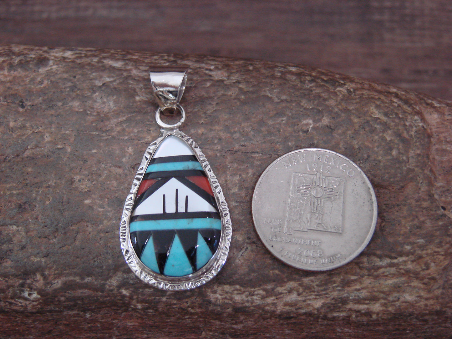 Native American Sterling Silver & Turquoise Inlay Pendant by Lamy