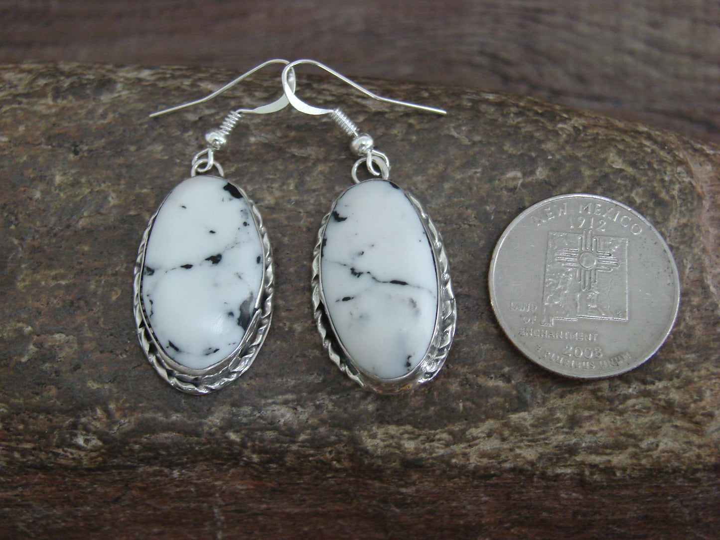 Native American Sterling Silver & White Buffalo Turquoise Dangle Earrings - Mariano