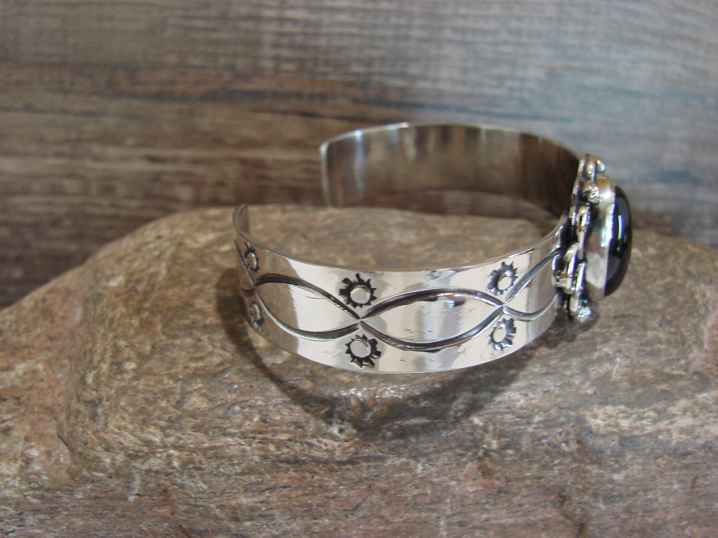 Navajo Indian Nickel Silver & Onyx Bracelet by Cleveland