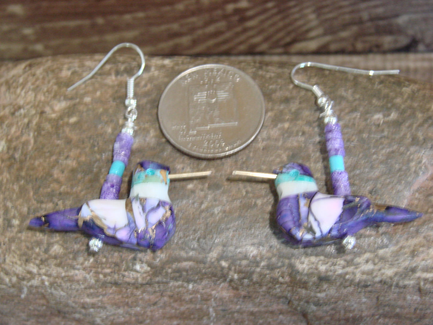 Purple Mohave Turquoise Bronze Aggregate Hummingbird Fetish Earrings - Mitchell