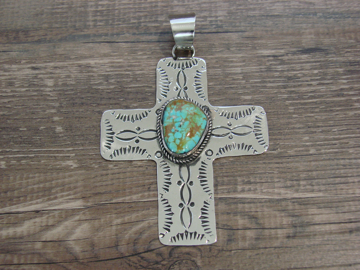 Large Native American Nickel Silver & Turquoise Cross Pendant - Cleveland