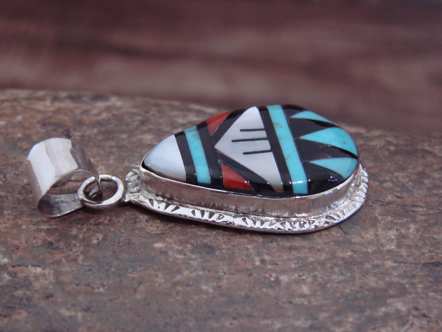 Native American Sterling Silver & Turquoise Inlay Pendant by Lamy