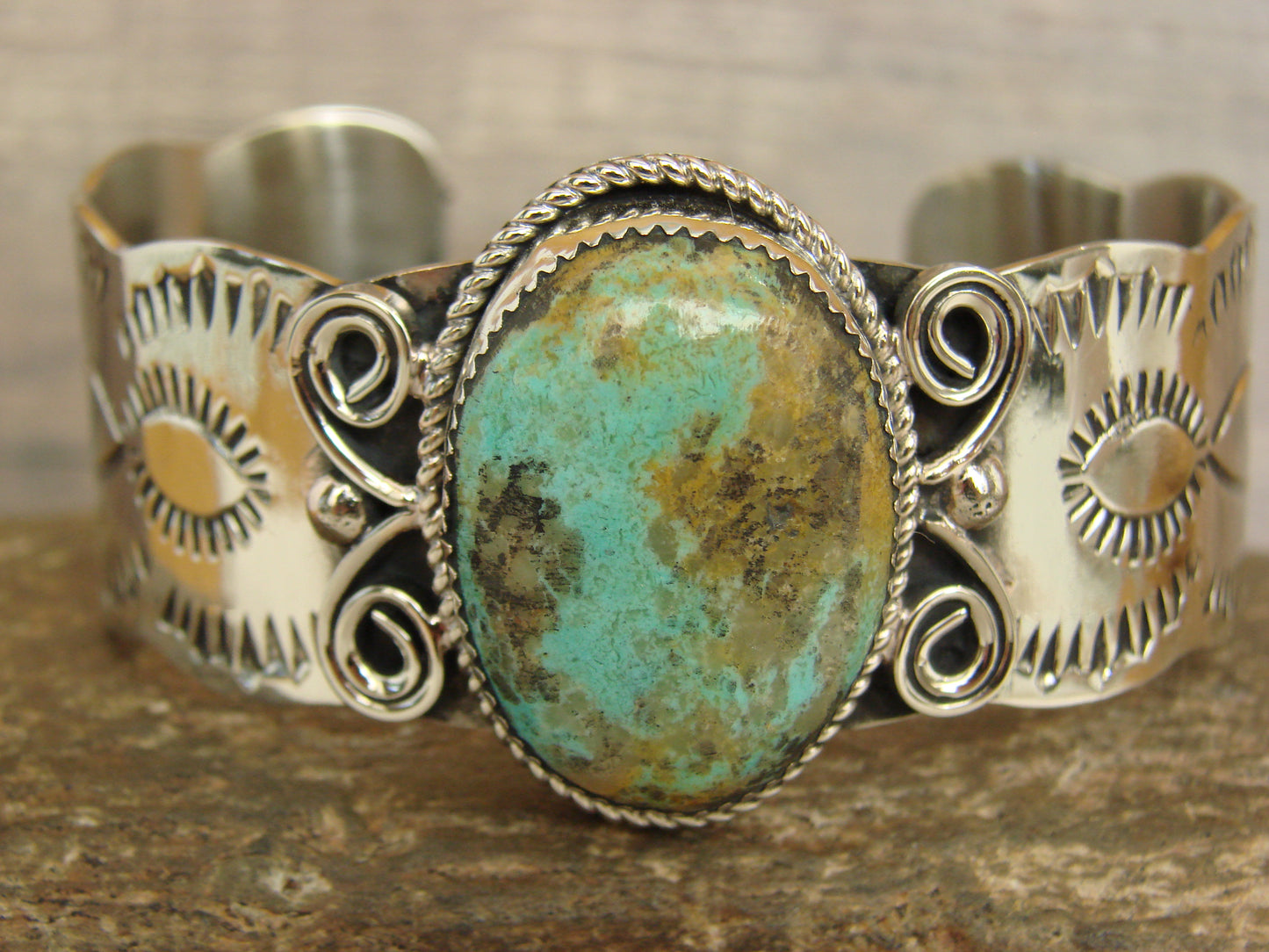 Native American Nickel Silver & Turquoise Bracelet by Cleveland