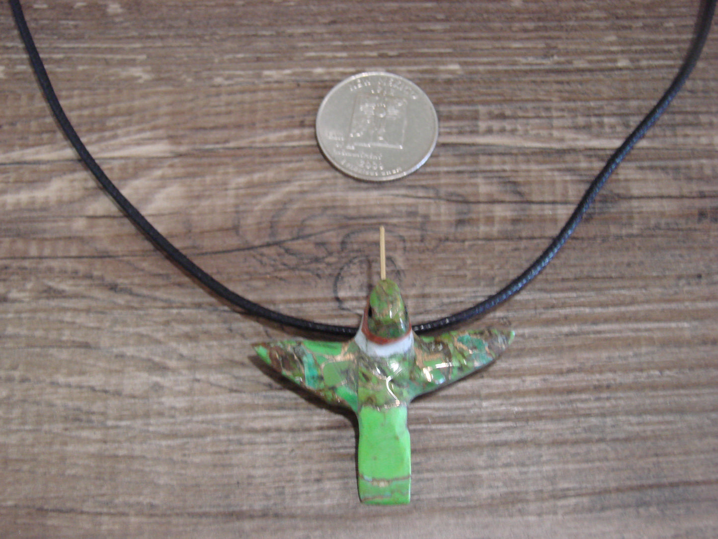 Hand Carved Bronze Gaspeite Aggregate Hummingbird Fetish Necklace - Mitchell