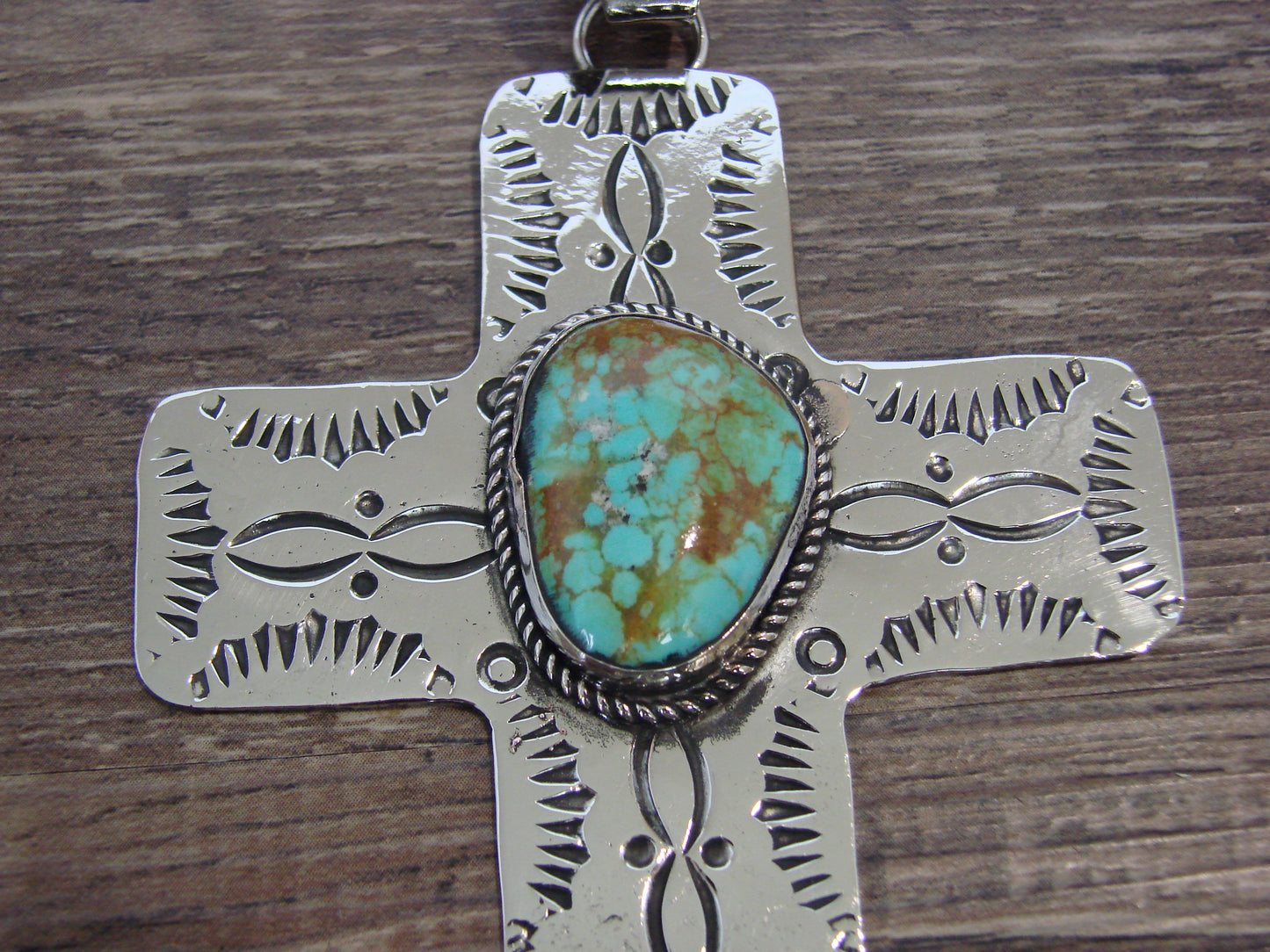 Large Native American Nickel Silver & Turquoise Cross Pendant - Cleveland