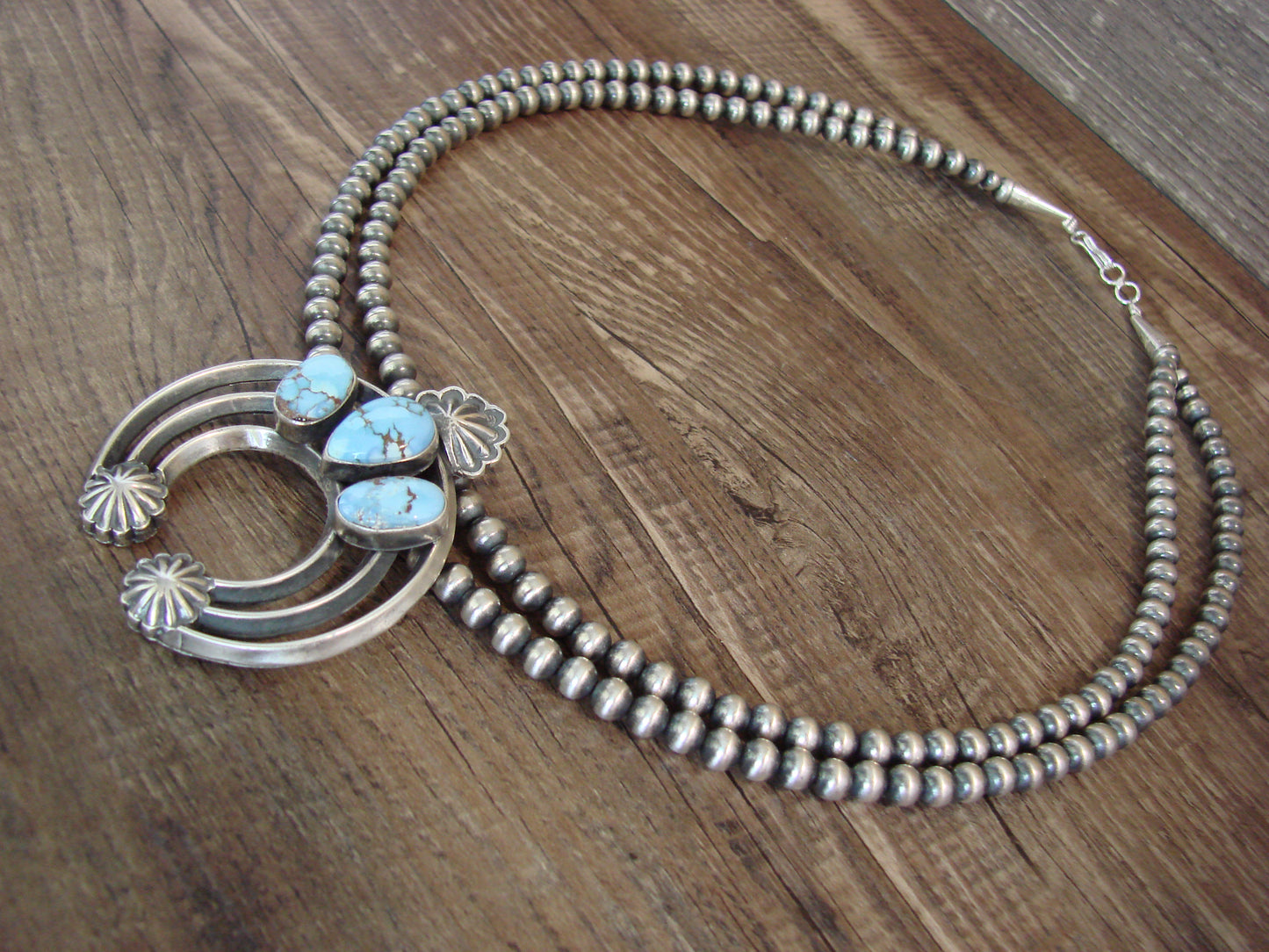 Native American 17" Sterling Silver & Turquoise Navajo Pearl Naja Necklace - Morgan