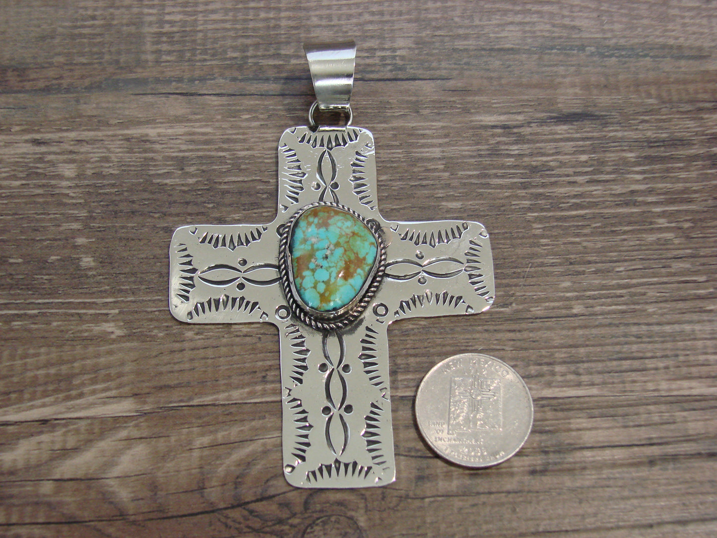 Large Native American Nickel Silver & Turquoise Cross Pendant - Cleveland