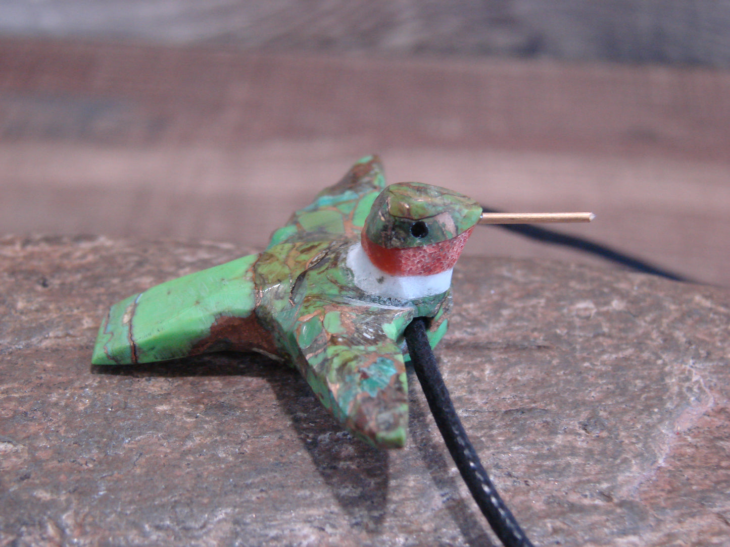 Hand Carved Bronze Gaspeite Aggregate Hummingbird Fetish Necklace - Mitchell