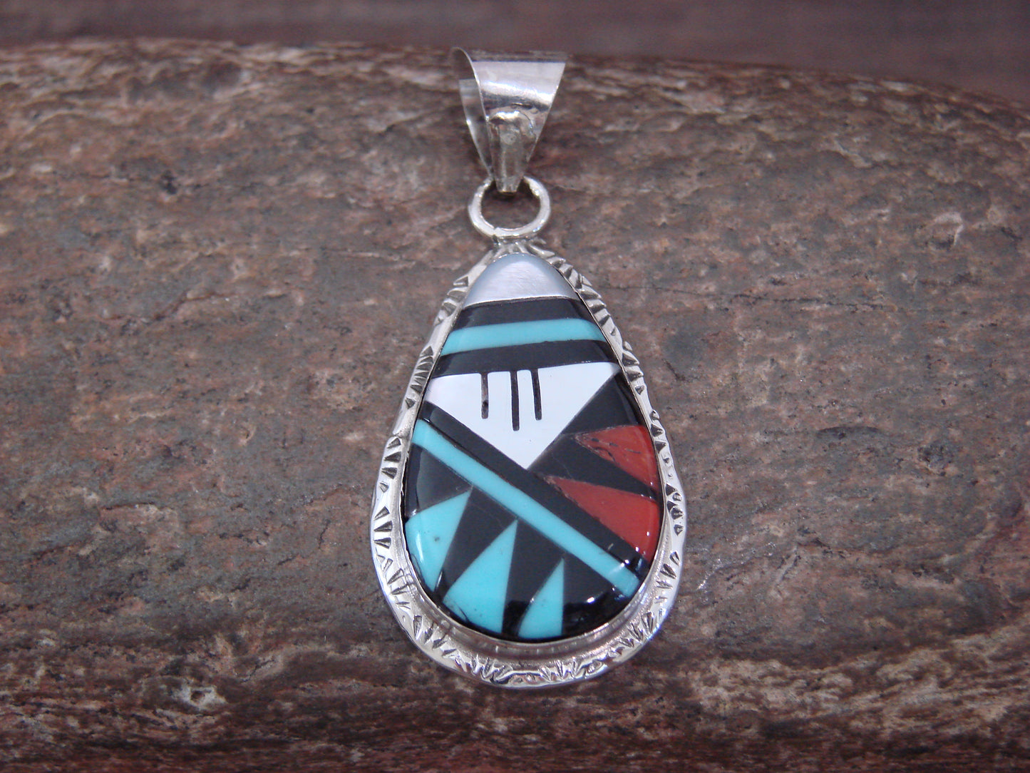 Native American Sterling Silver & Turquoise Inlay Pendant by Lamy