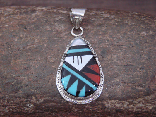 Native American Sterling Silver & Turquoise Inlay Pendant by Lamy
