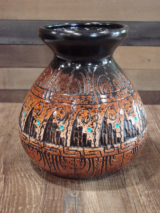Native American Hand Etched Pottery Signed Dewayne Eskeets