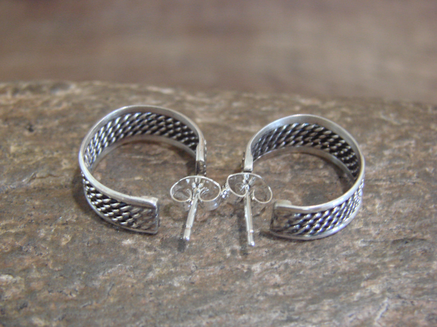 Native American Sterling Silver 1/2" Twisted Hoop Earrings by Tahe