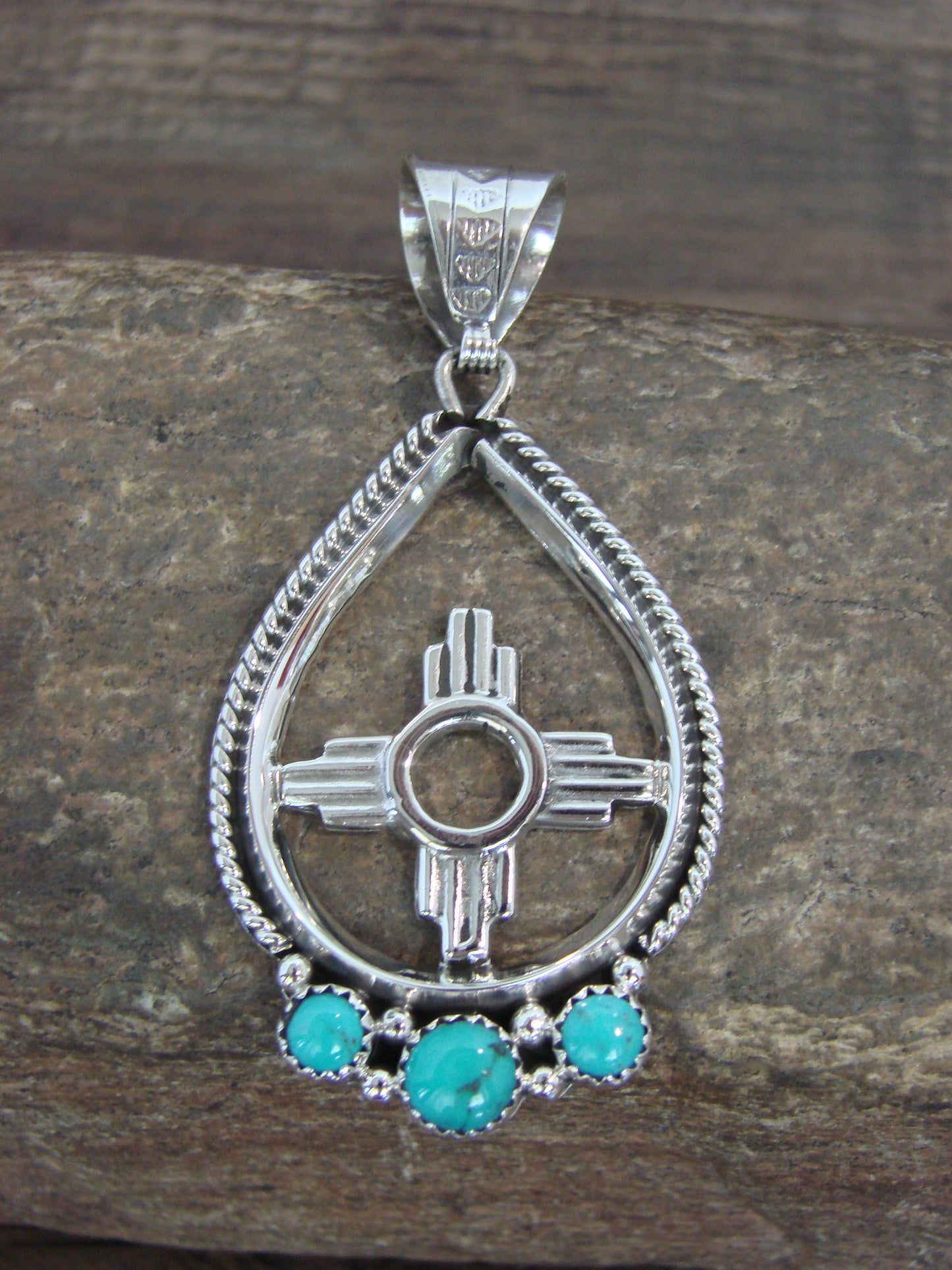 Native American Sterling Silver & Turquoise Zia Pendant Signed Garcia