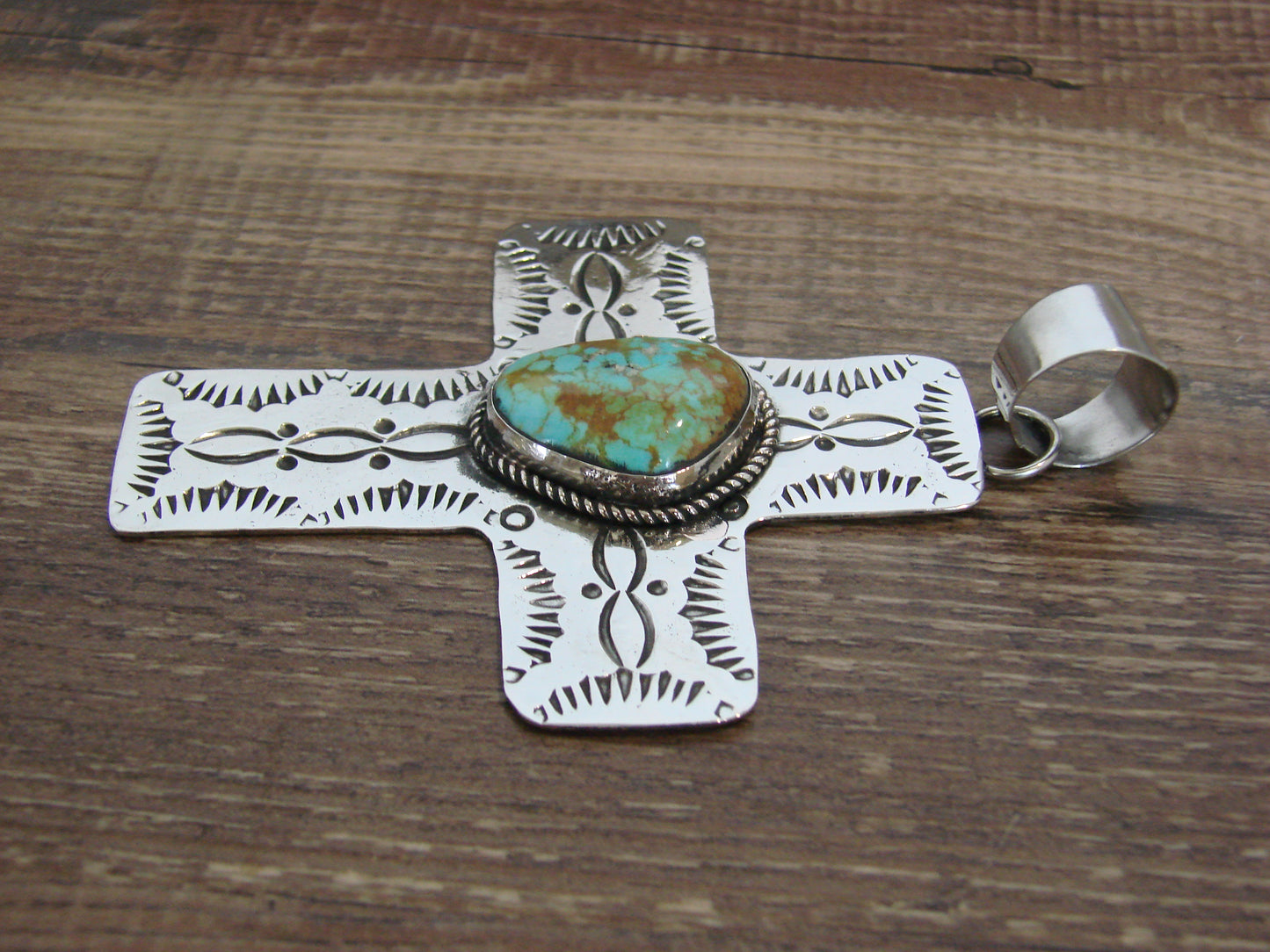 Large Native American Nickel Silver & Turquoise Cross Pendant - Cleveland