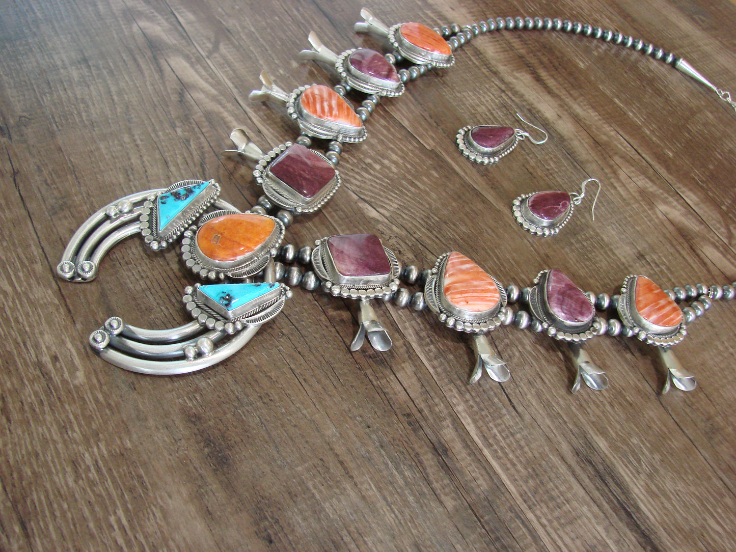 Navajo Sterling Silver Spiny Oyster & Turquoise Squash Blossom Set by Tom Lewis