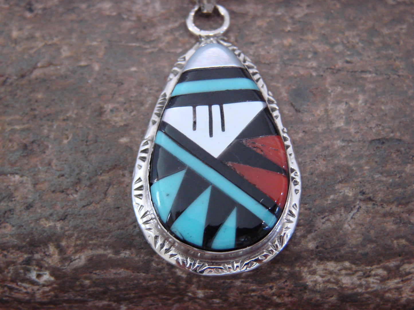 Native American Sterling Silver & Turquoise Inlay Pendant by Lamy