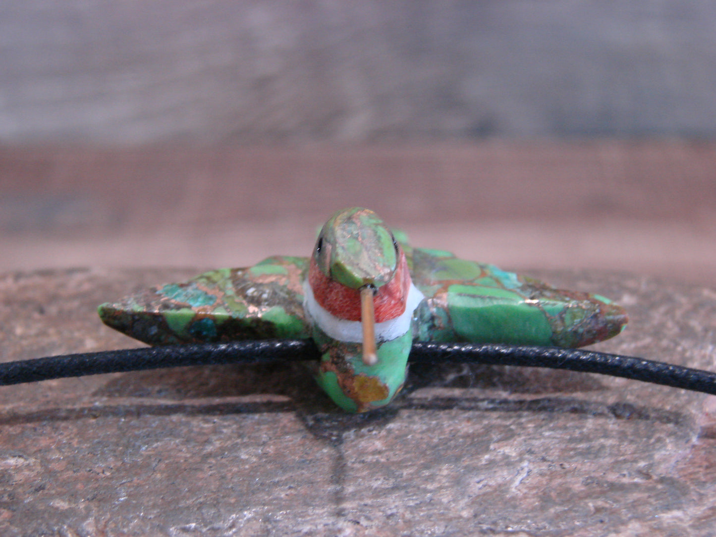 Hand Carved Bronze Gaspeite Aggregate Hummingbird Fetish Necklace - Mitchell
