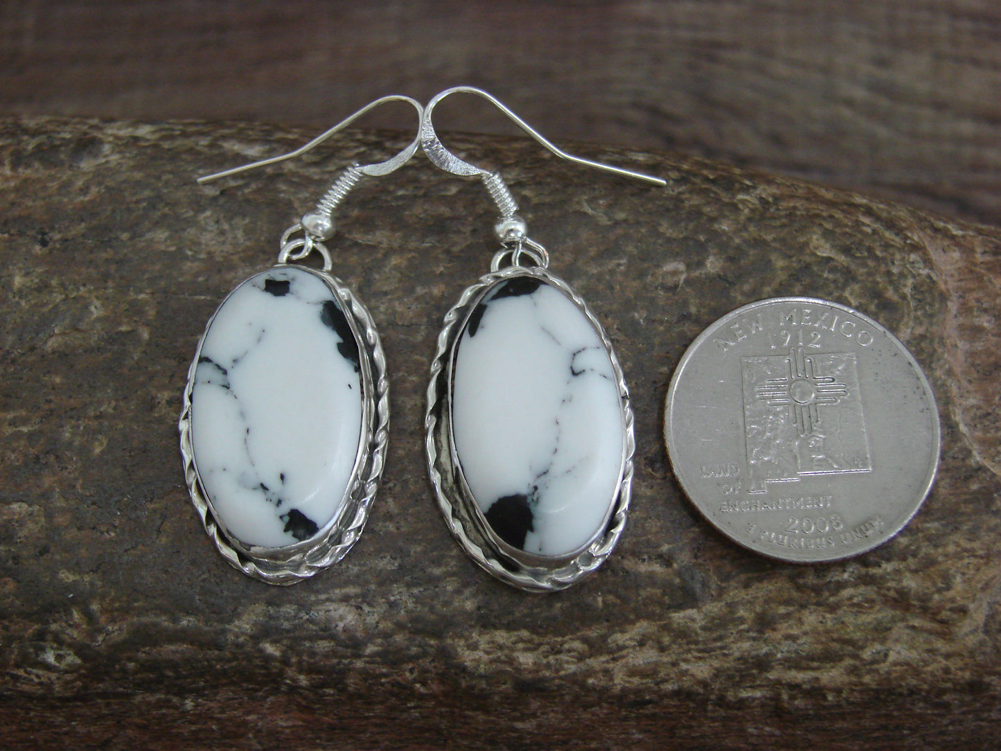 Native American Sterling Silver & White Buffalo Turquoise Dangle Earrings - Mariano