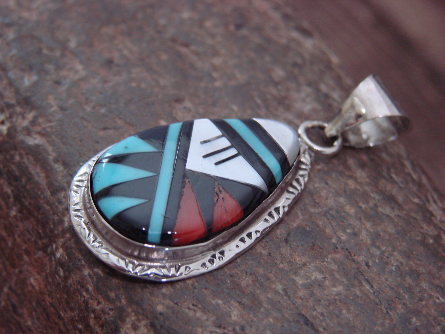 Native American Sterling Silver & Turquoise Inlay Pendant by Lamy