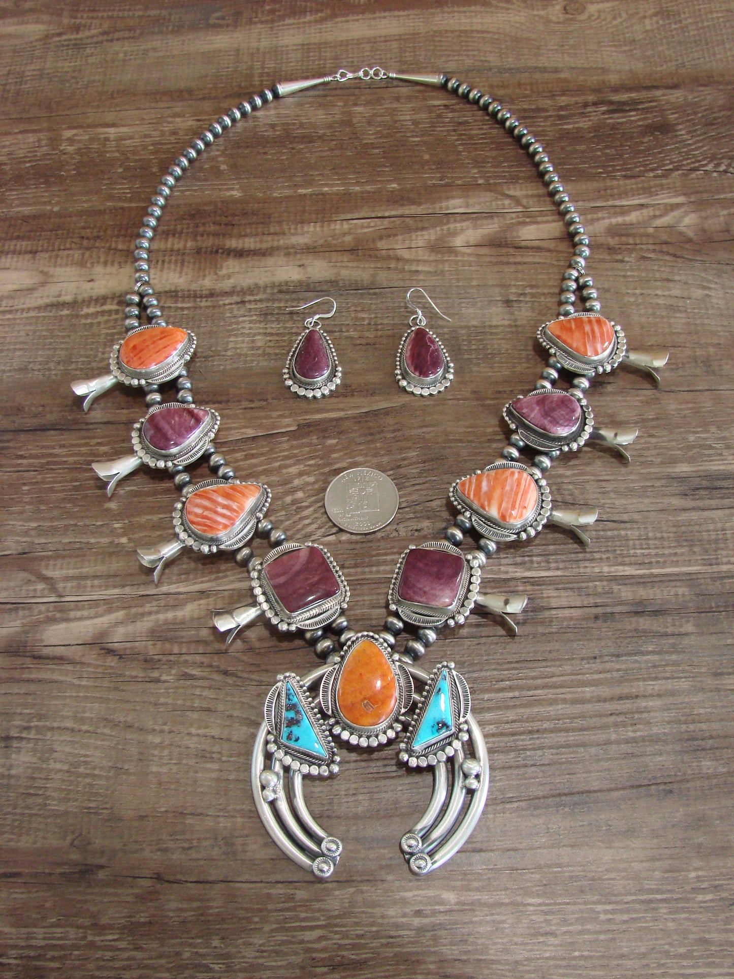 Navajo Sterling Silver Spiny Oyster & Turquoise Squash Blossom Set by Tom Lewis