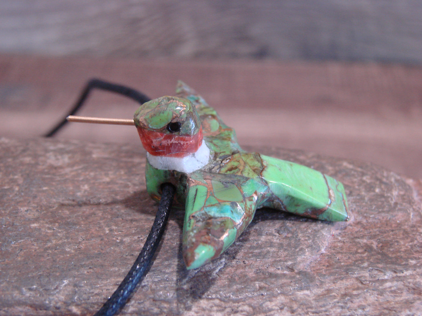 Hand Carved Bronze Gaspeite Aggregate Hummingbird Fetish Necklace - Mitchell