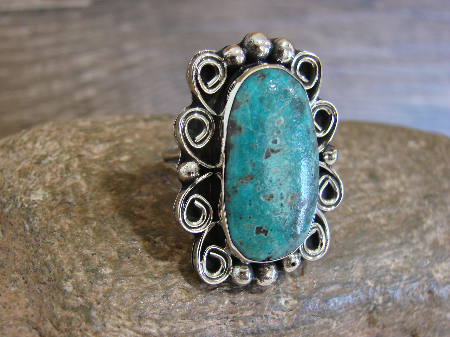 Native American Nickel Silver & Turquoise Ring by Cleveland - Size 10.5